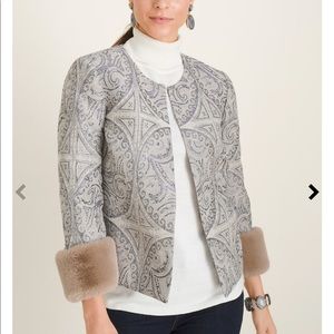 Chico's Elegant Silver-Gray Jacket with Faux Fur Cuffs